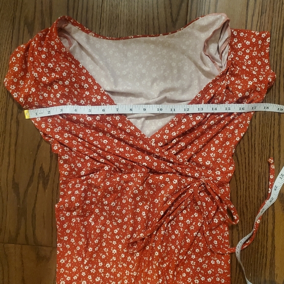 Floral Ditsy Daisy 90s Summer Faux Wrap Dress Dark Orange White Medium USA - Picture 7 of 9